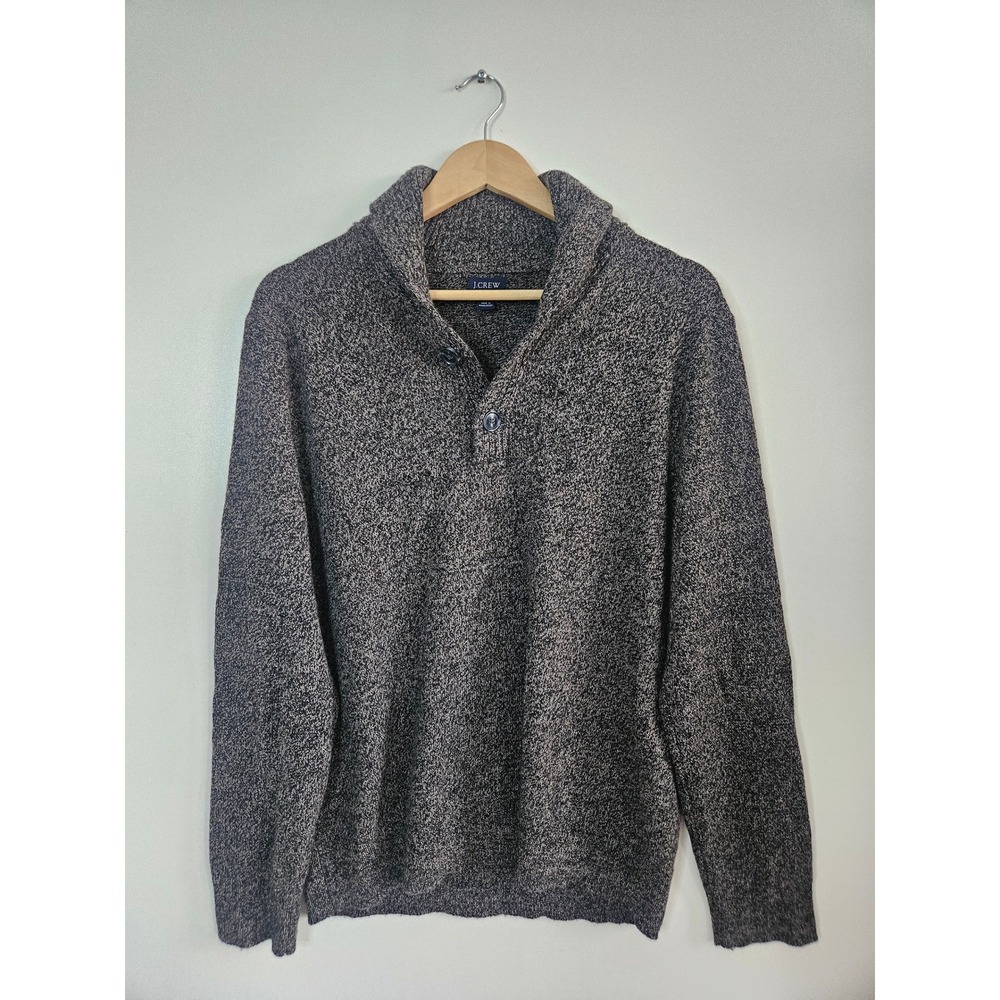 J.Crew Mens Shawl Collar Sweater L Marled Black‎ White Lambswool Blend Pullover